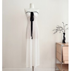 批发JMSHOP 晚风圆舞曲 亚麻针织一字领抹胸连衣裙女夏季收腰显瘦长裙