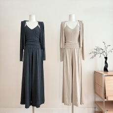 批发蝶宝嘻 慵懒氛围 桑蚕丝混纺吊带背心<b class='q'>针织</b><b class='q'>开衫</b>上衣阔腿休闲裤套装