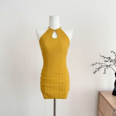 批发【Fart Shop】周末晴 黄色挂脖镂空连衣裙女春夏收腰毛织包臀短裙