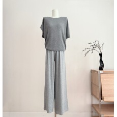 批发韩雨嘉 老钱松弛 莱赛尔天丝亚麻灰色针织套装女T恤宽松阔腿裤子