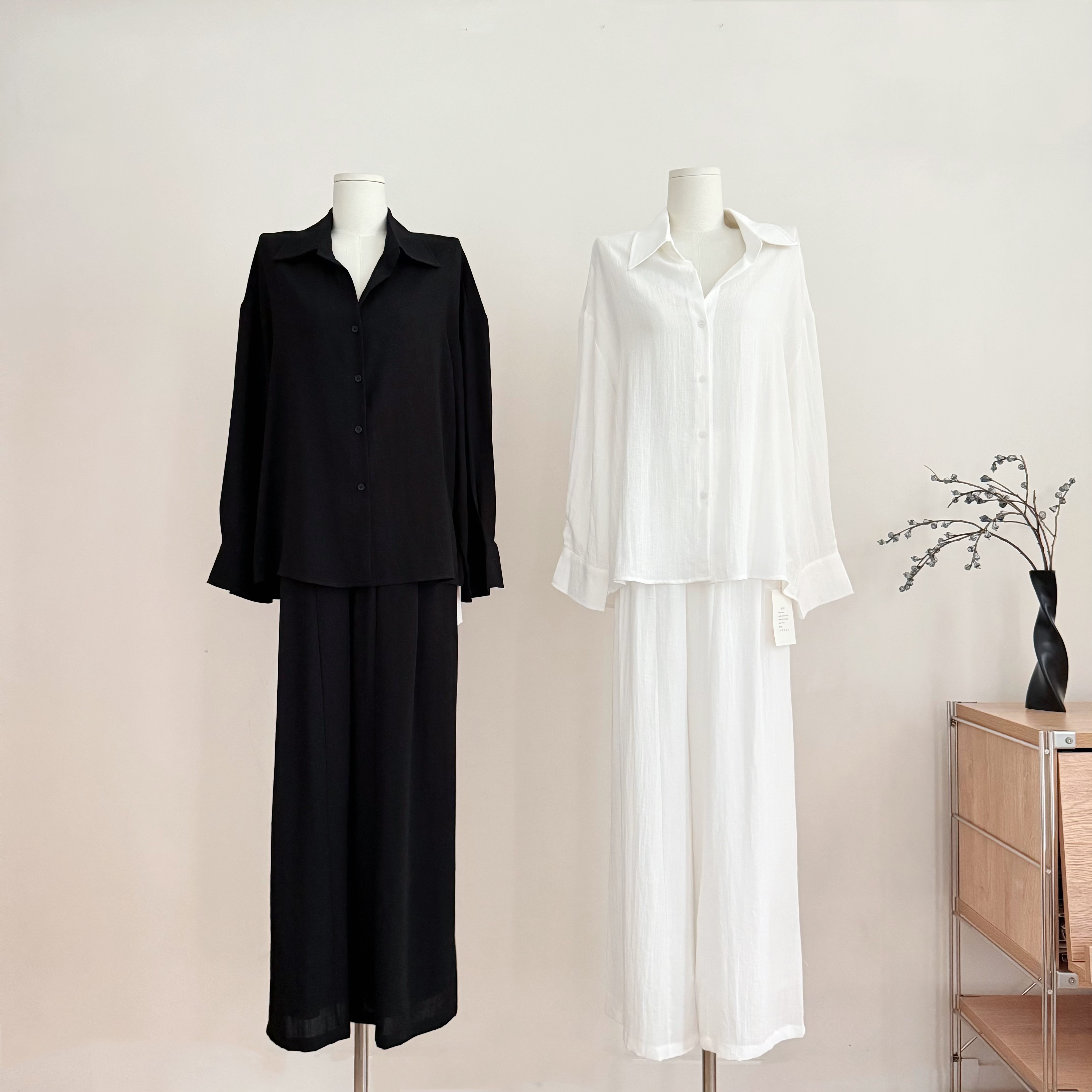 cher 챠오어 남자 조정 오래된 돈 느슨함 아마 셔츠 넓은 다리 캐주얼 바지 두 조각 여성 세트 봄 캐주얼 세트