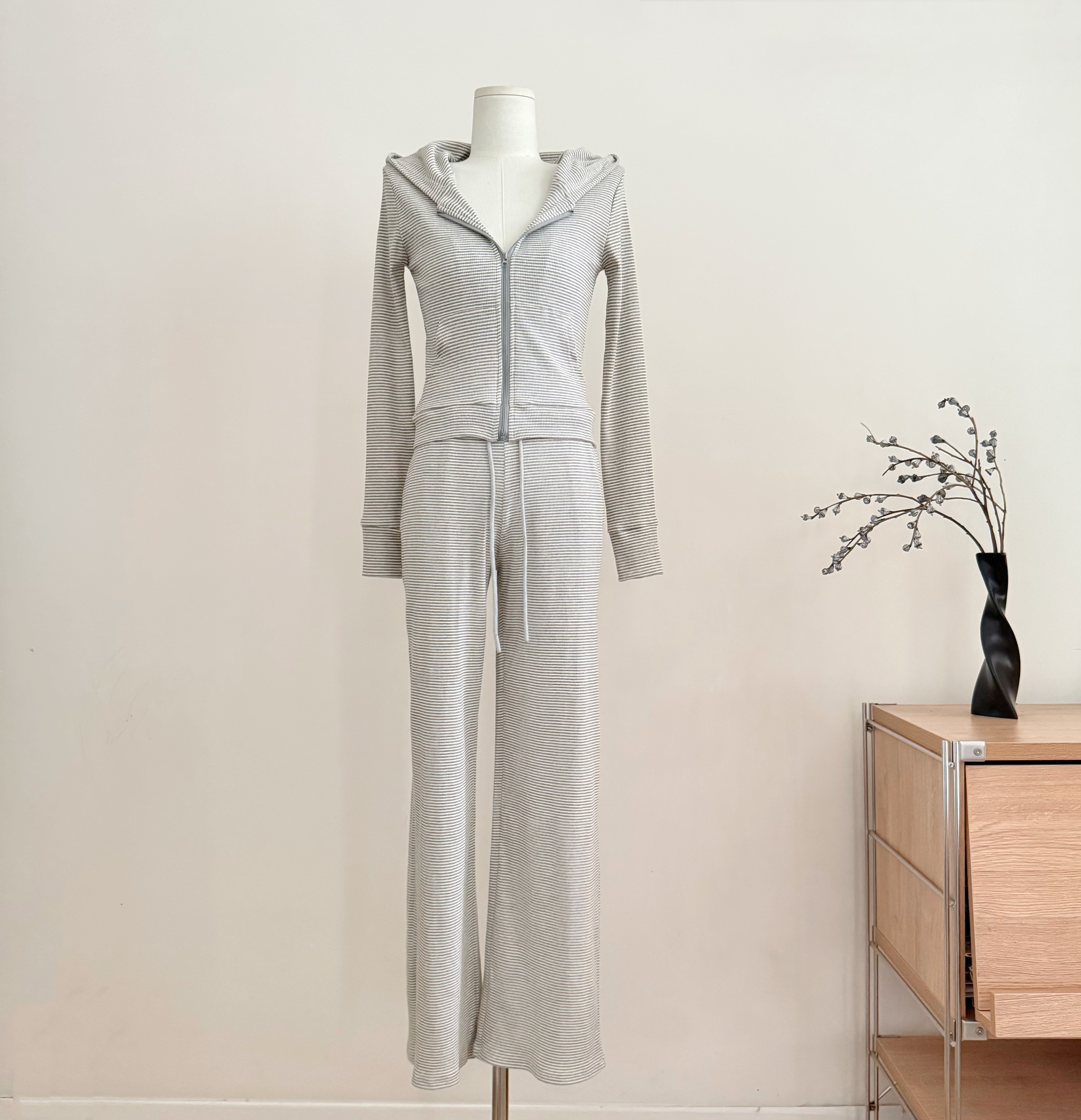 만약 언어 맞춤 스트라이프 주간 접시 그룹 95 편안함 면 자외선 차단 세트 캐주얼 바람 오픈 가디건 슬립 바지 3종 세트