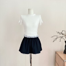 批发抖音媛媛【夏日甜茶】 芭蕾风学院风花苞裙假两件松紧腰半身<b class='q'>裙裤</b>