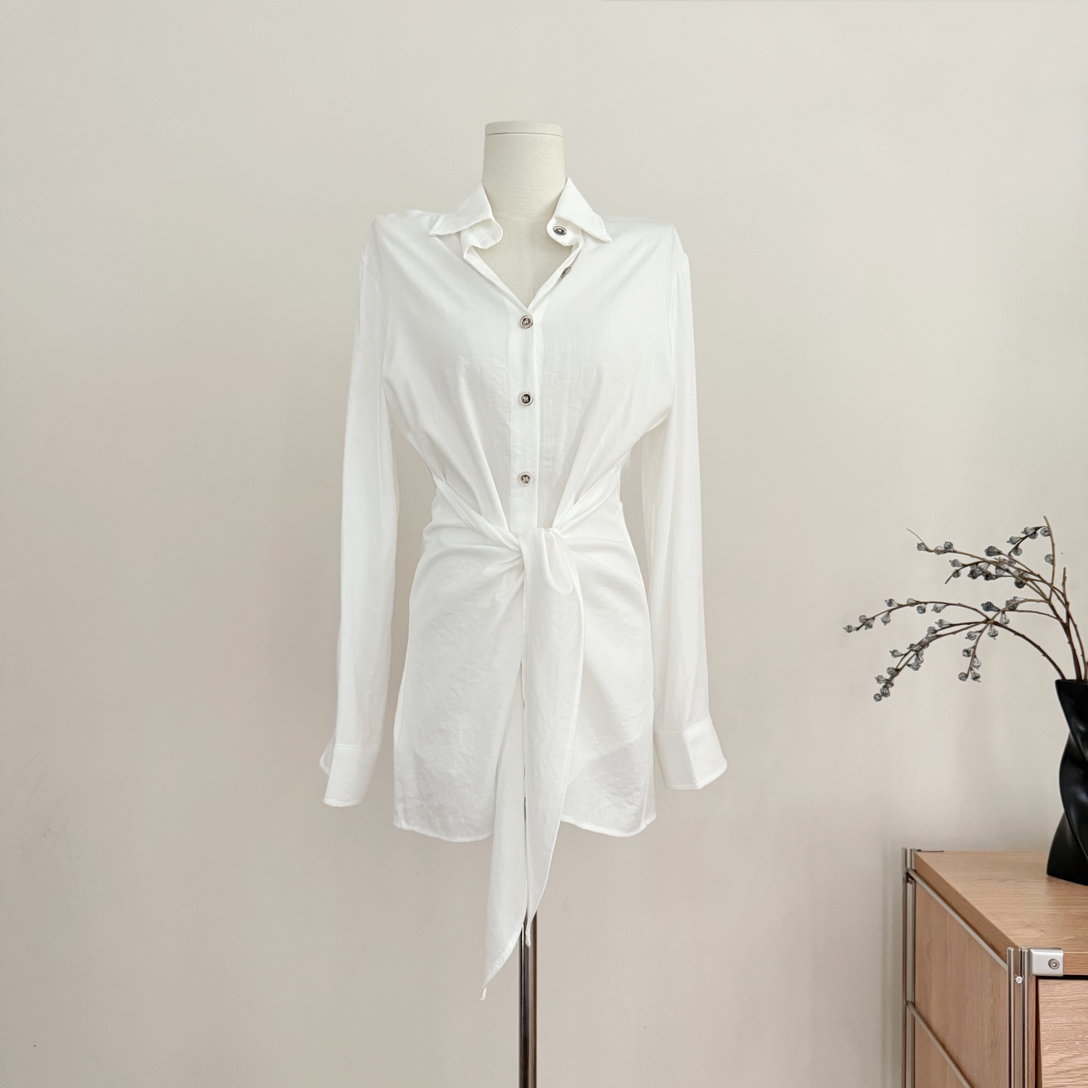 chicyou 남쪽 법 휴일 화이트 아마 불규칙 스트랩 오래된 돈 셔츠 드레스