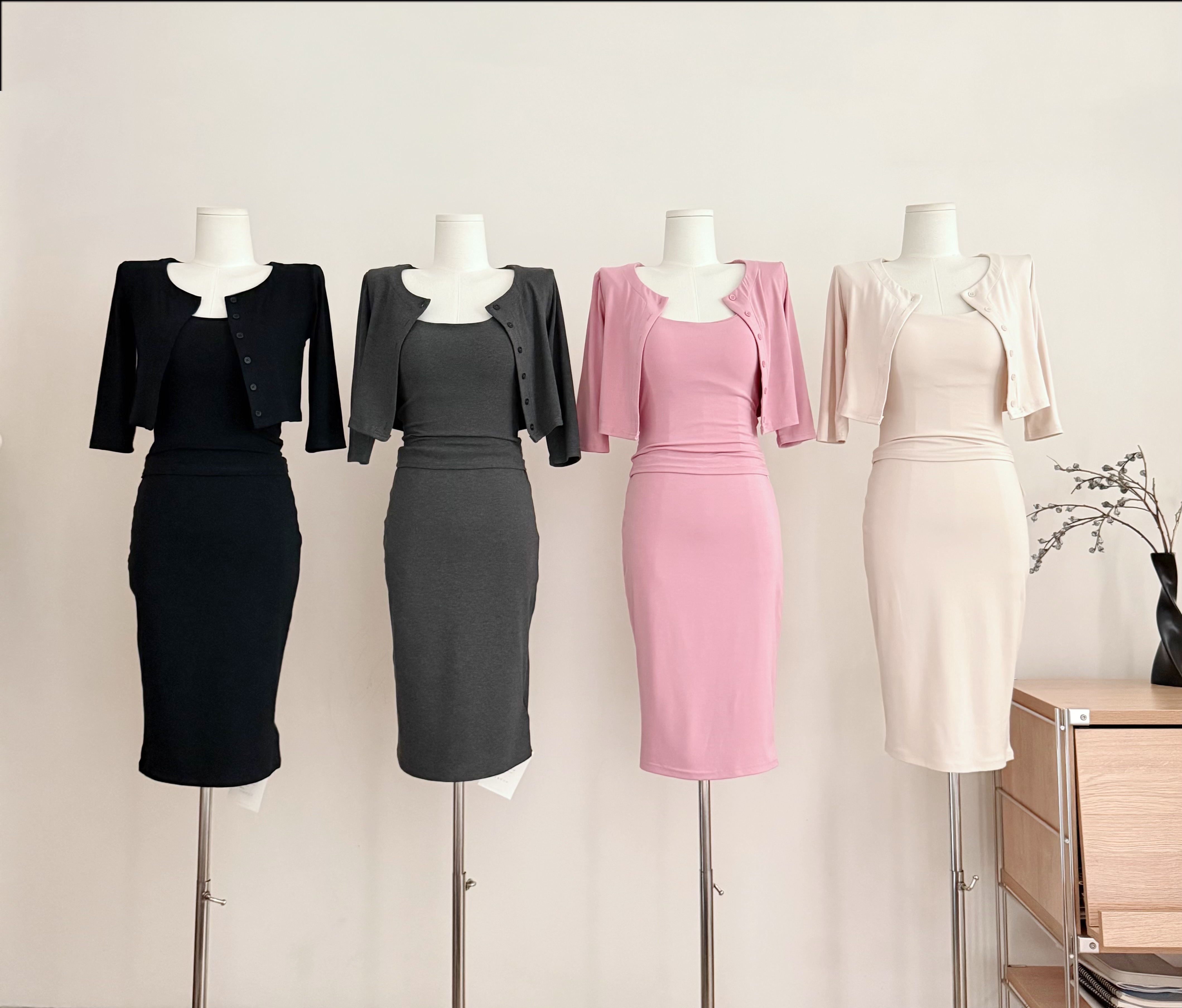 the swan 부문 피닉스 빛 럭셔리 부드러운 일상 편안함 몸매 가꾸기 니트 슬립 오픈 가디건 반신 스커트 3종 세트