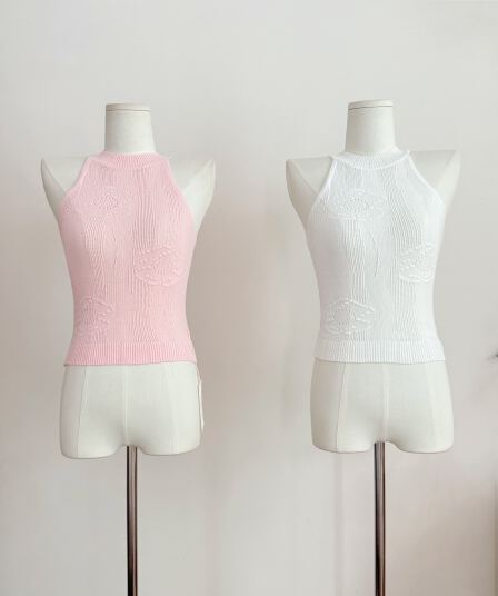 tongiiuu rose girl 홀로우 아웃 트위스트 꽃 니트 행침 목 조끼 여성 몸매 가꾸기 슬림해 보이는 민소매 맨위 여름
