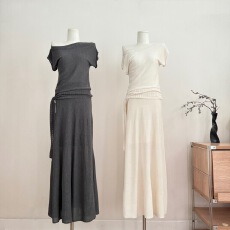 批发Skk Store 纯欲美神 12针镂空挑孔天丝亚麻智感斜肩针织T半裙套装