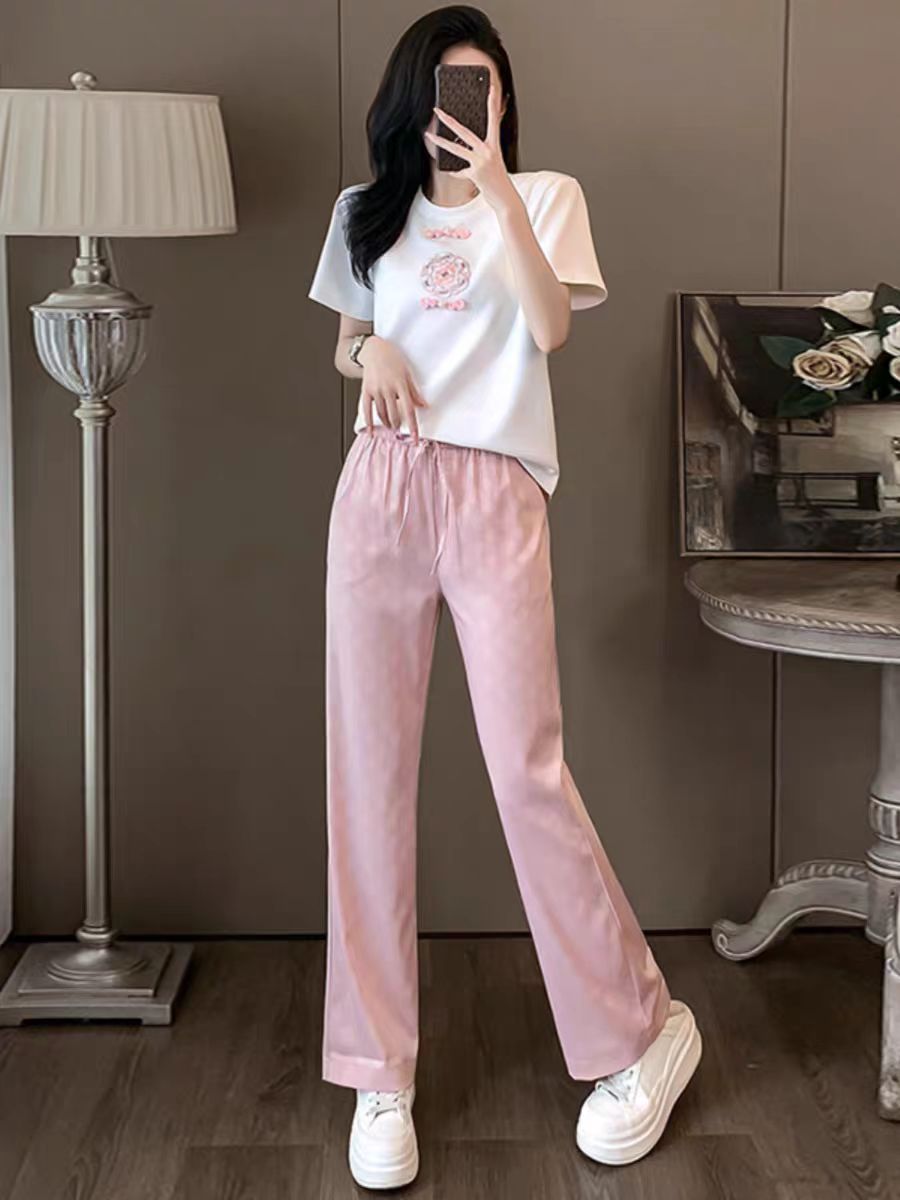 소금 부서 착용 가져 가라. 캐주얼 스포츠 슈트 여성 2026 여름 외국 가스 연령 감소 반팔 티셔츠 핑크색 와이드 레그 팬츠 투피스 세트