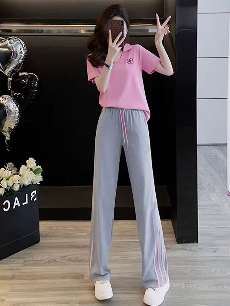 한국 스타일 캐주얼 스포츠 슈트 여성 여름 외국 가스 연령 감소 슬림해 보이는 V넥 반팔 하이웨이스트 와이드 레그 팬츠 얇은 스타일 투피스 세트