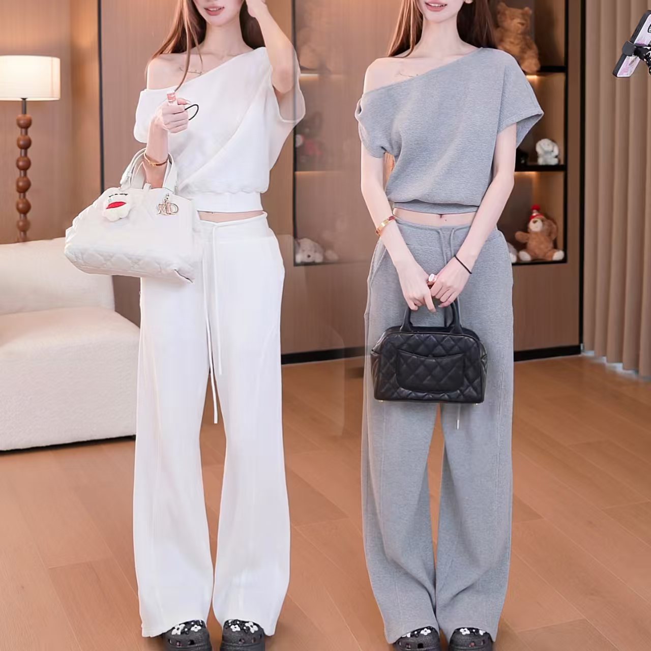 한국 스타일 고급 센스 후아 남편 그리드 세트 여름 쇼트 스타일 불규칙 비스듬한 어깨 의류 와이드 레그 팬츠 투피스 세트