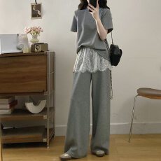 批发2026夏季时尚短袖T恤高腰拼接蕾丝阔腿裤宽松<b class='q'>显瘦</b>休闲<b class='q'>套装</b><b class='q'>女</b>