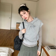 批发韩系复古秋新款蝴蝶结连帽卫衣马甲女+条纹打底衫设计感叠穿上衣