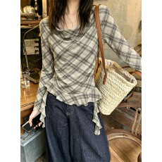 批发韩系设计感<b class='q'>复古</b>灰荡领格纹长袖T恤女早秋不规则荷叶边飘带上衣潮