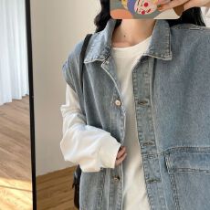 批发韩版ins风牛仔马甲女原宿bf复古做旧工装上衣2025春宽松无袖外套