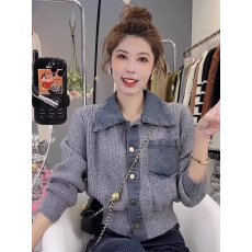 批发设计感牛仔拼接翻领毛衣<b class='q'>开衫</b><b class='q'>女</b>2026秋冬时尚百搭收腰显瘦长袖上衣