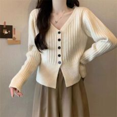 批发韩版休闲百搭针织衫<b class='q'>女</b>2026秋冬新款V领<b class='q'>开衫</b>修身显瘦长袖上衣