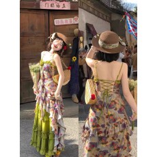 批发【ALITTLE 乱糟糟】“绿野玫瑰岛”油画风层层叠叠碎花长裙三件套