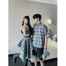 批发7703#实拍高颜值美式扎染格子吊带连衣裙夏季气质不规则中长裙子