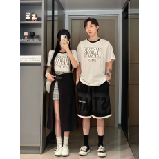 批发7701#实拍情侣又酷又飒季<b class='q'>韩版</b>时尚印花短袖t恤不规则格子裙两件套