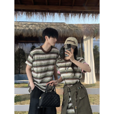 批发7712#实拍情侣海港利亚夏撞色条纹圆领短袖拼接设计针织T连衣裙