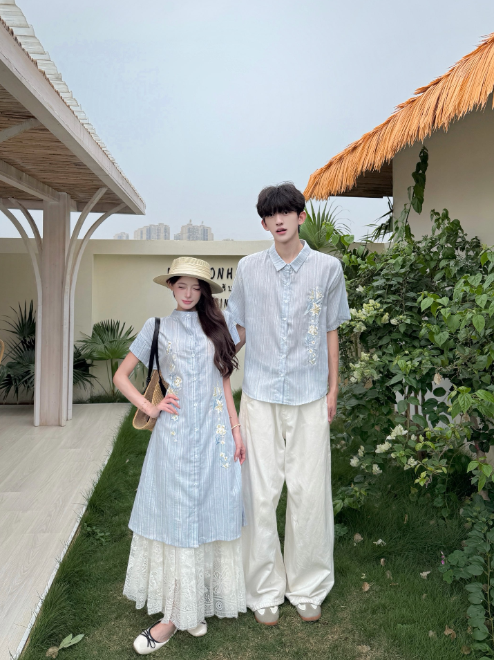 7721# 실사 커플 블루 릴리 자수 스트라이프 셔츠 요정 국풍 새로운 중식 소녀 두 조각 치마