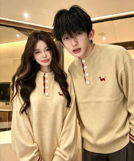 실사 커플 스웨터 루즈핏 레트로 트렌드 느긋한 커플 풀오버 긴팔 니트 스웨터