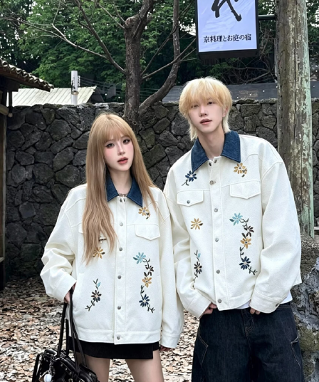 실사 커플 슈퍼 잘 생긴 꽃 자수 재킷 레트로 코듀로이 워크웨어 재킷 트렌디