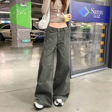 批发美式复古军绿色工<b class='q'>装</b>牛仔<b class='q'>裤</b>女2025秋季新款低腰直筒宽松垂感阔腿<b class='q'>裤</b>