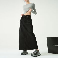 批发黑灰色水洗牛仔裙女秋<b class='q'>冬</b>梨型身材半身裙后开叉遮胯显瘦长裙