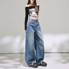 批发新款<b class='q'>牛仔裤</b>女2025秋新款宽松弯刀裤<b class='q'>直筒</b>慵懒风潮流时尚
