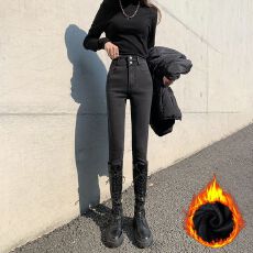 批发双排扣设计灰色牛仔裤女2022秋冬季新款修身<b class='q'>弹力</b>加绒加厚<b class='q'>铅笔裤</b>子