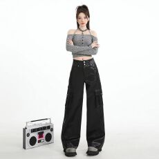 批发美式复古高腰黑色阔腿皮裤女春秋<b class='q'>街头</b>机能风机车直筒工装裤潮