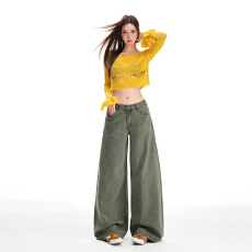 批发秋冬新款 洗褪面料高腰显瘦宽松大阔腿休闲<b class='q'>裤</b>女
