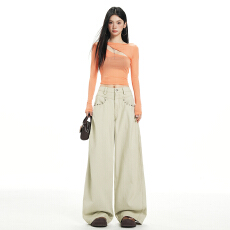 批发复古钉珠水洗阔腿工装休闲裤女秋设计感宽松显瘦拖地长裤