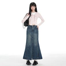 批发美式复古｜前开叉设计｜包臀牛仔半身裙女