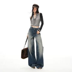 批发<b class='q'>冬</b>日计划 25年春季新款 中腰翻折腰身美式复古水洗阔腿裤