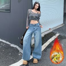 批发复古水洗竹节纹阔腿<b class='q'>牛仔裤</b>女辣妹宽松垂感直筒长裤 常规&加绒