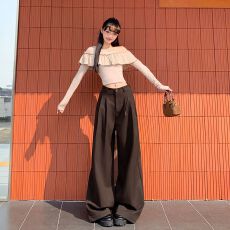 批发美式复古宽松舒适长裤秋冬新款慵懒拖地垂感褶皱百搭显瘦日常西裤