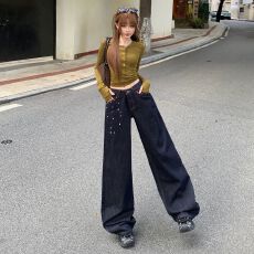 批发设计感<b class='q'>钉珠</b>丹宁色阔腿<b class='q'>牛仔裤</b>女2026春季新款高腰宽松显瘦拖地裤