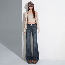 批发美式复古<b class='q'>微喇</b>叭裤双扣弹力高腰显瘦<b class='q'>牛仔裤</b>女长裤加长