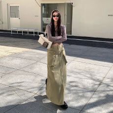 批发2026年新款｜美式复古｜双口袋设计｜后开叉工装中<b class='q'>长裙女</b>