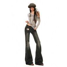 批发26th ootd!｜美式复古微喇牛仔裤秋冬修身显瘦低腰水洗百搭黑灰裤