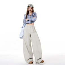 批发春季新款米色牛仔<b class='q'>裤</b>女辣妹设计感高腰直筒显瘦宽松拖地阔腿<b class='q'>裤</b>
