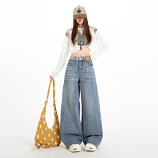 批发美式蓝色高腰阔腿牛仔<b class='q'>裤</b>女美式复古2026春季新款宽松显瘦直筒<b class='q'>裤</b>