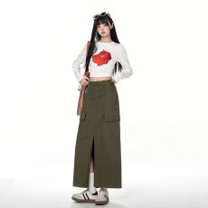 批发苔绿色百搭休闲复古显瘦高腰开衩直筒半身牛仔长裙女