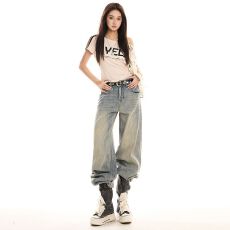 复古色调 水洗纹水洗泥黄牛仔裤裤子直筒休闲 九分&长裤&加长