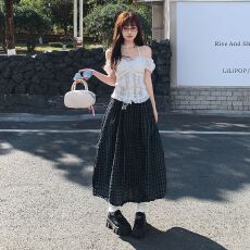 批发高腰格纹复古撞色肌理感格子半身裙女2025秋宽松抽绳下摆a字<b class='q'>长裙</b>