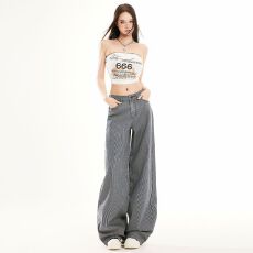 批发【HD】弗里街区复古深蓝色条纹阔腿牛仔裤女宽松百搭直筒裤子