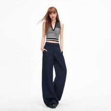 批发藏蓝色雅痞老钱风复古直筒西裤女高腰显瘦<b class='q'>休闲裤</b>