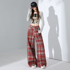 批发新年红色格子休闲阔腿裤<b class='q'>女</b>2026新款春季<b class='q'>女</b><b class='q'>装</b>高腰长裤子